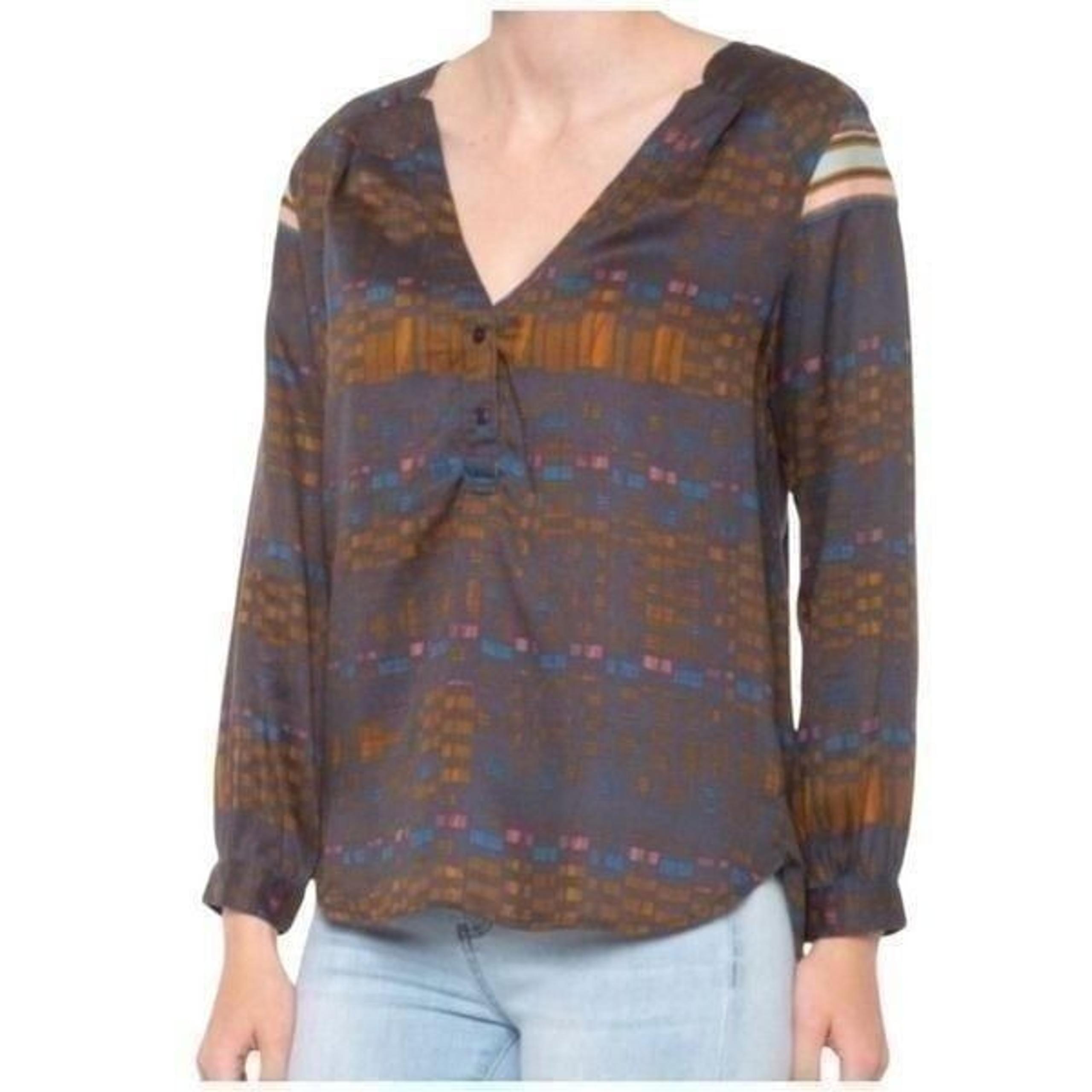 Prana Elsie long sleeve multicolored print popover top size L