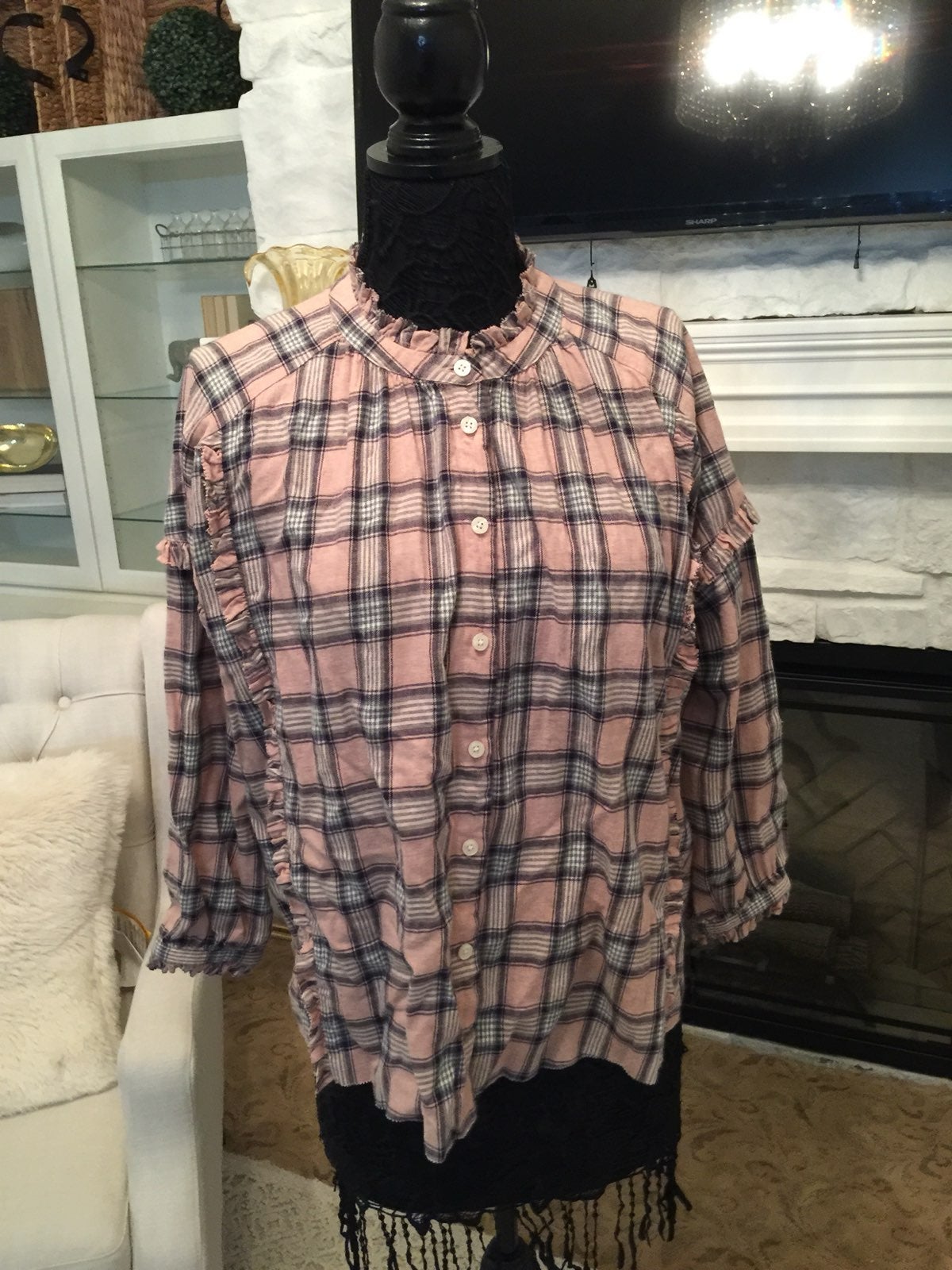 THE GREAT Plaid Ruffle Neck Shirt Size 2