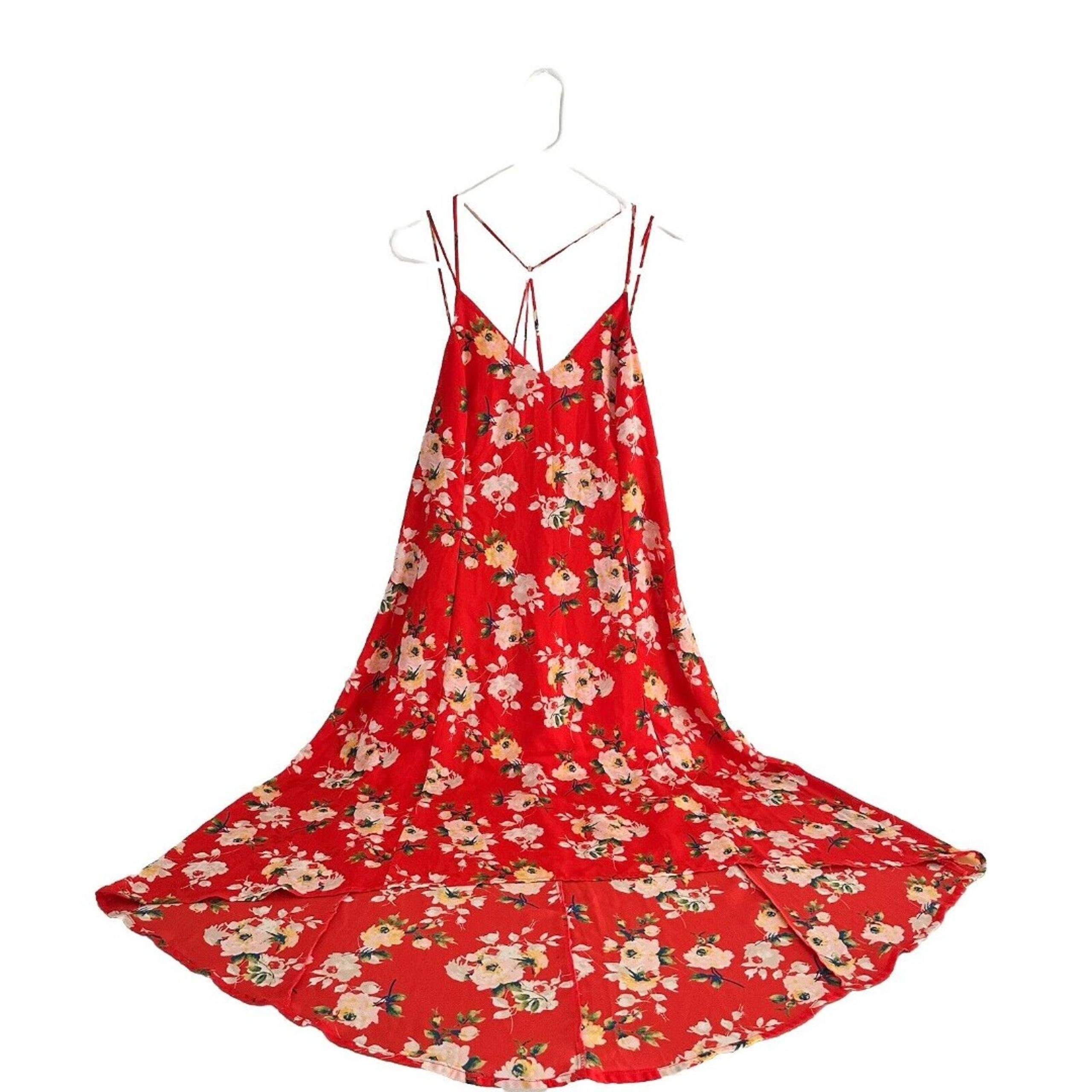 Lush High Low Maxi Dress Size M Floral Red Spaghetti Straps Cross Back - Flaw