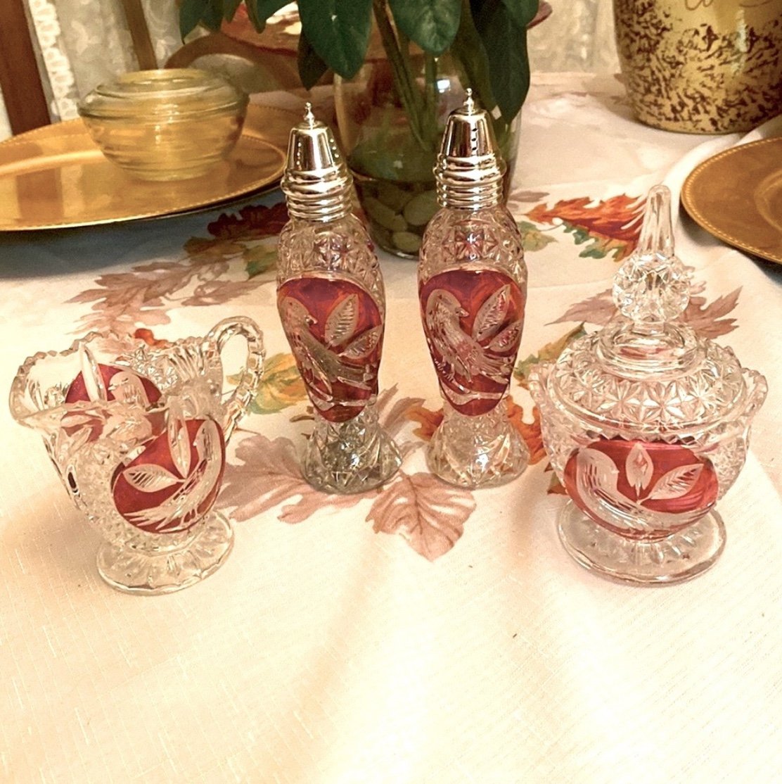 Vintage Elegant Red Bird Crystal 5 Piece Salt Pepper Sugar And Cream Set ♥️♥️♥️
