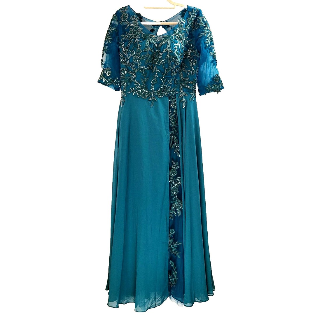 Mother of the Bride Formal (16W) Teal Embroidered & Sequin Embellished Gown