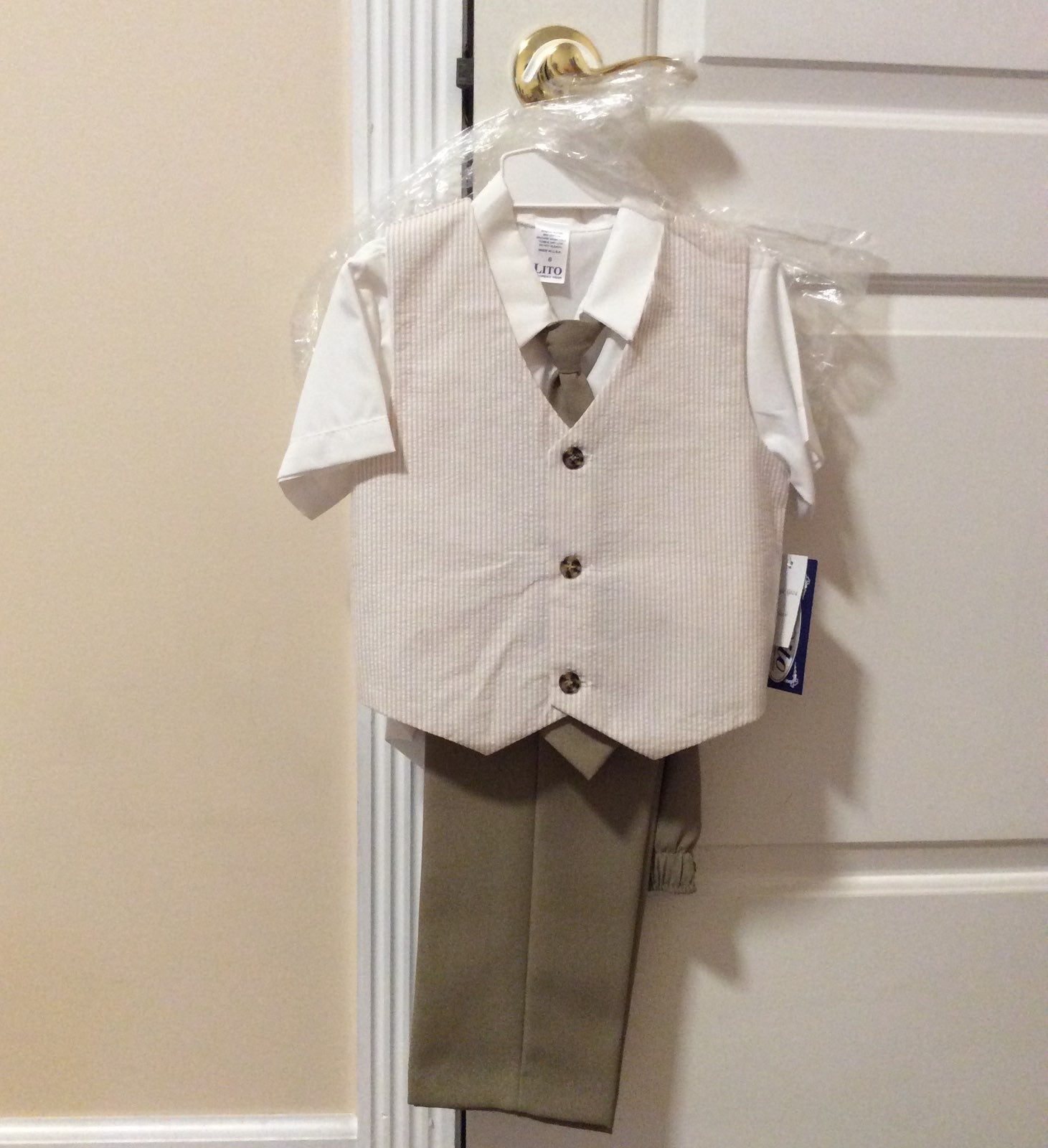 Boys Khaki Seersucker Vest Pant Suit 6