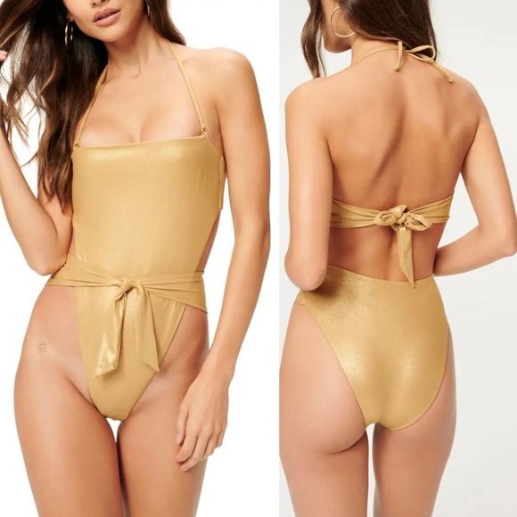 NWT Good American Tie Front Gold One Piece Halter Swimsuit Size 7