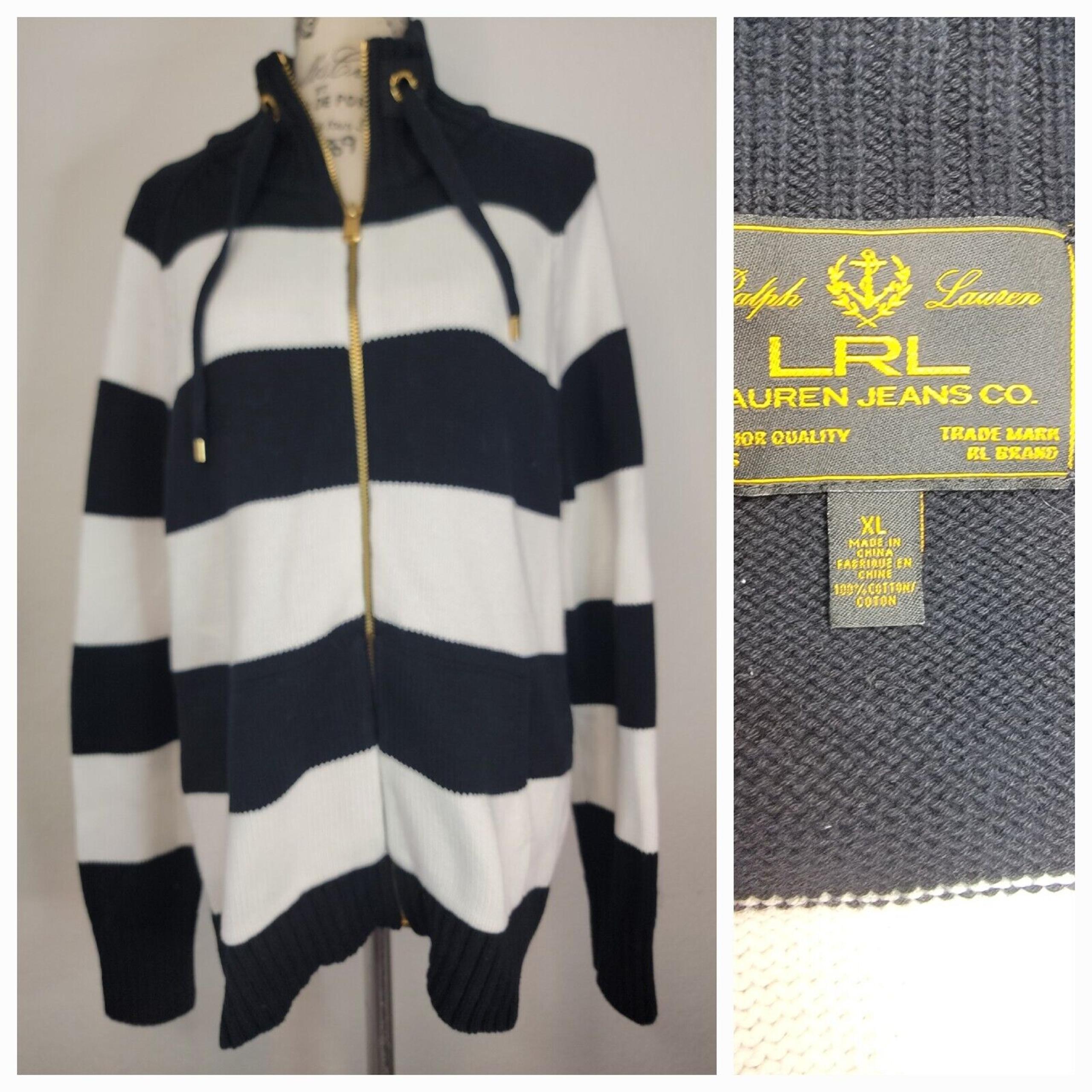 Ralph Lauren Black Label Sweater Women's SZ XL Black & White Stripes Full Zip