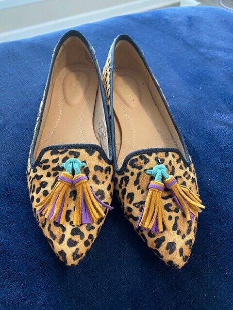 Hush Puppies Women's Sadie Tassel Slip-On Leopard Calf Fur Flats Size US 7.5