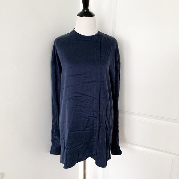 Lunya Navy Washable Silk Long Sleeve Button Front Asymmetric Shirt Pajamas
