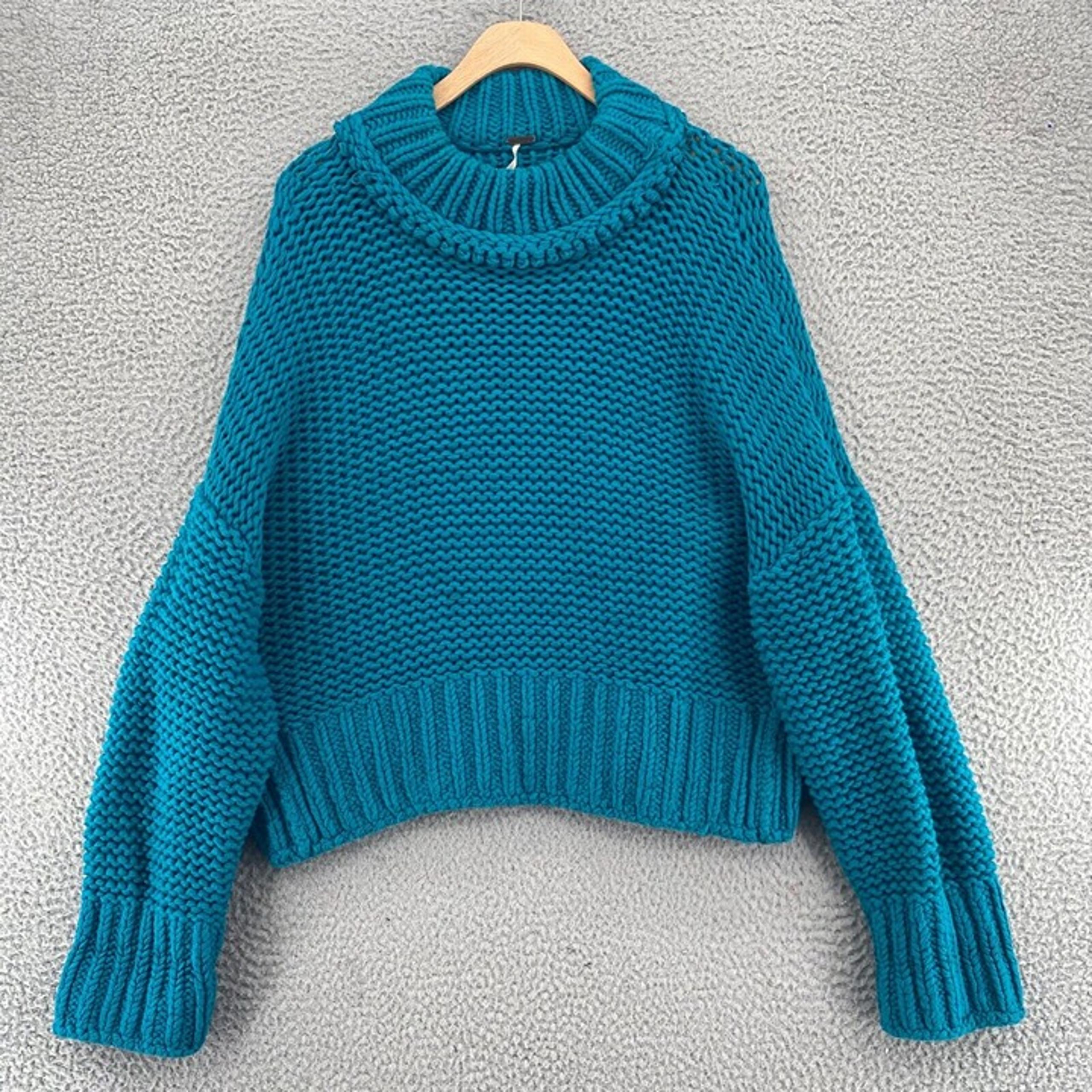 Free People Sweater Womens Large My Only Sunshine Blue Chunky Mock Neck Pullover