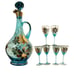 Vintage Midcentury Romanian Hand Painted Glass Decanter With 6 Glasses, Blue Gla