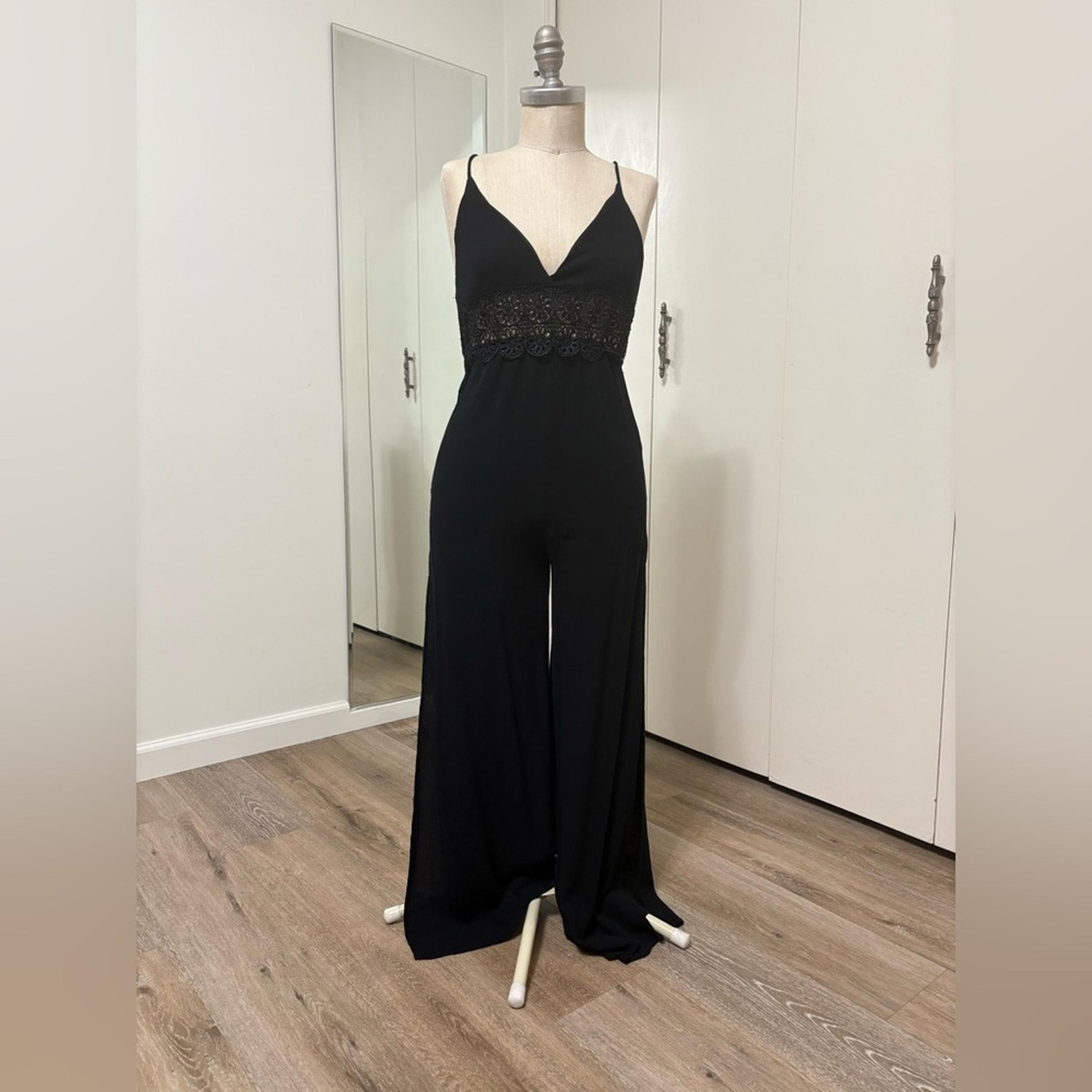 Bohemian Women's Sexy Black Wide Leg Lightweight Jumpsuit with side Slit Small