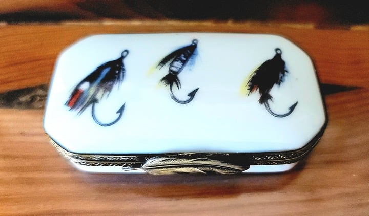 Limoges France Trinket Box Fishing Lures Fly Fishing Feather Clasp