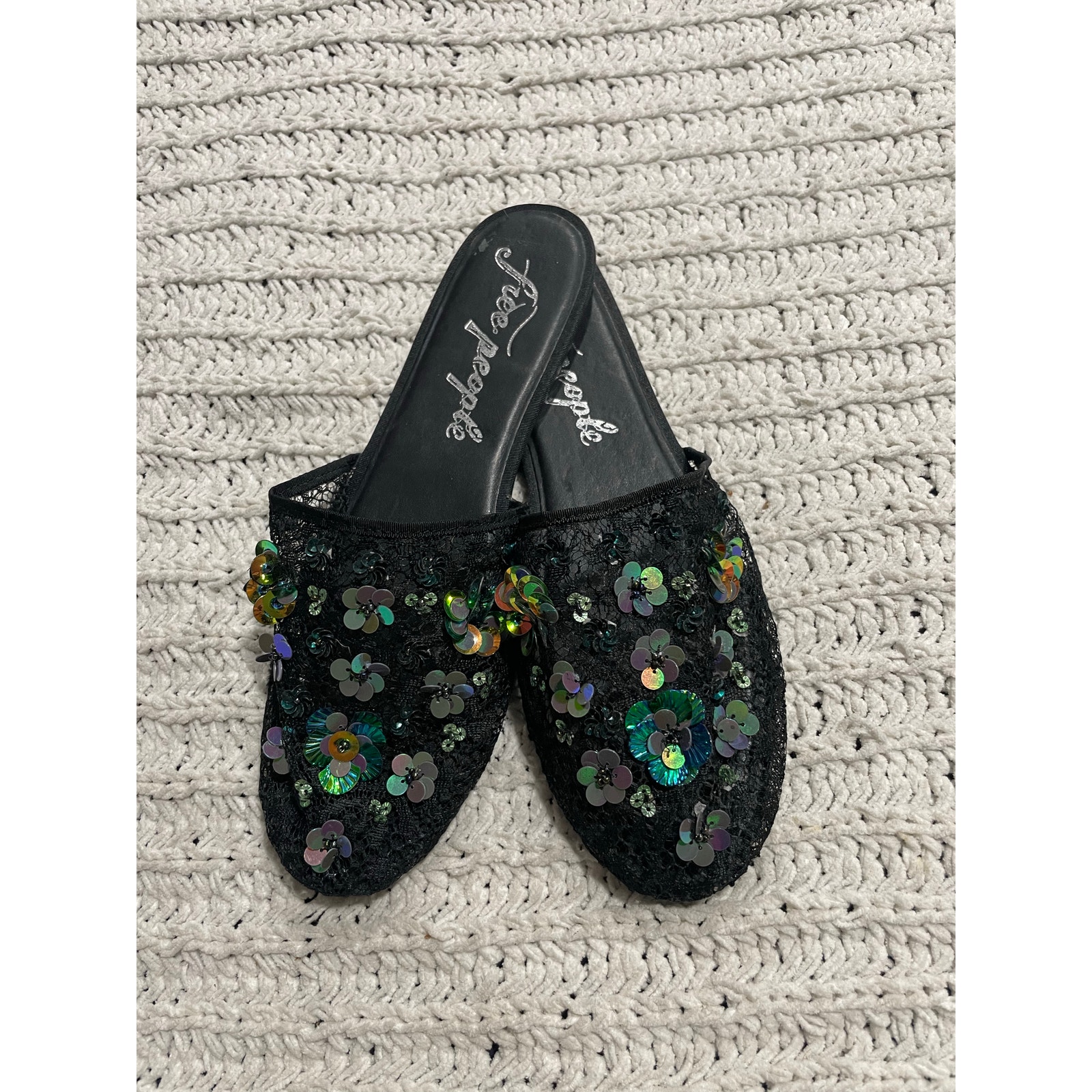Free People Slide Sequin Mesh Sandals Embellished Womens Sz US 7.5 aka 38 Black