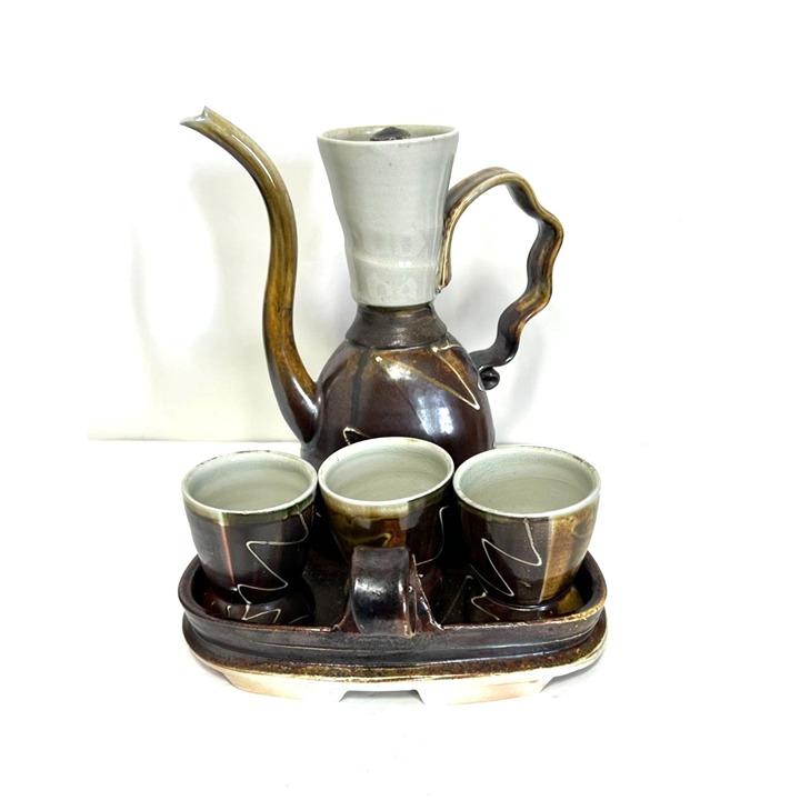 Vintage Alan Willoughboy Handmade Ceramic Coffee Carafe Set Tray & 3 Cups