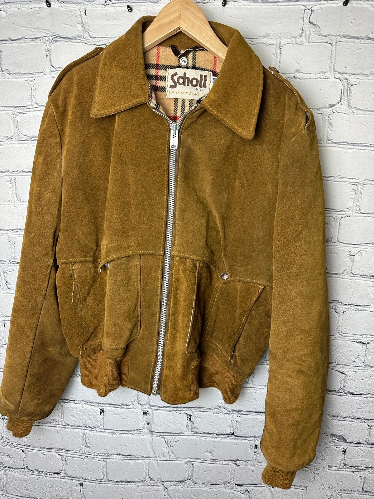 Vintage 80s/90s Schott NYC Suede Leather Bomber Jacket Size 44 Large Made USA