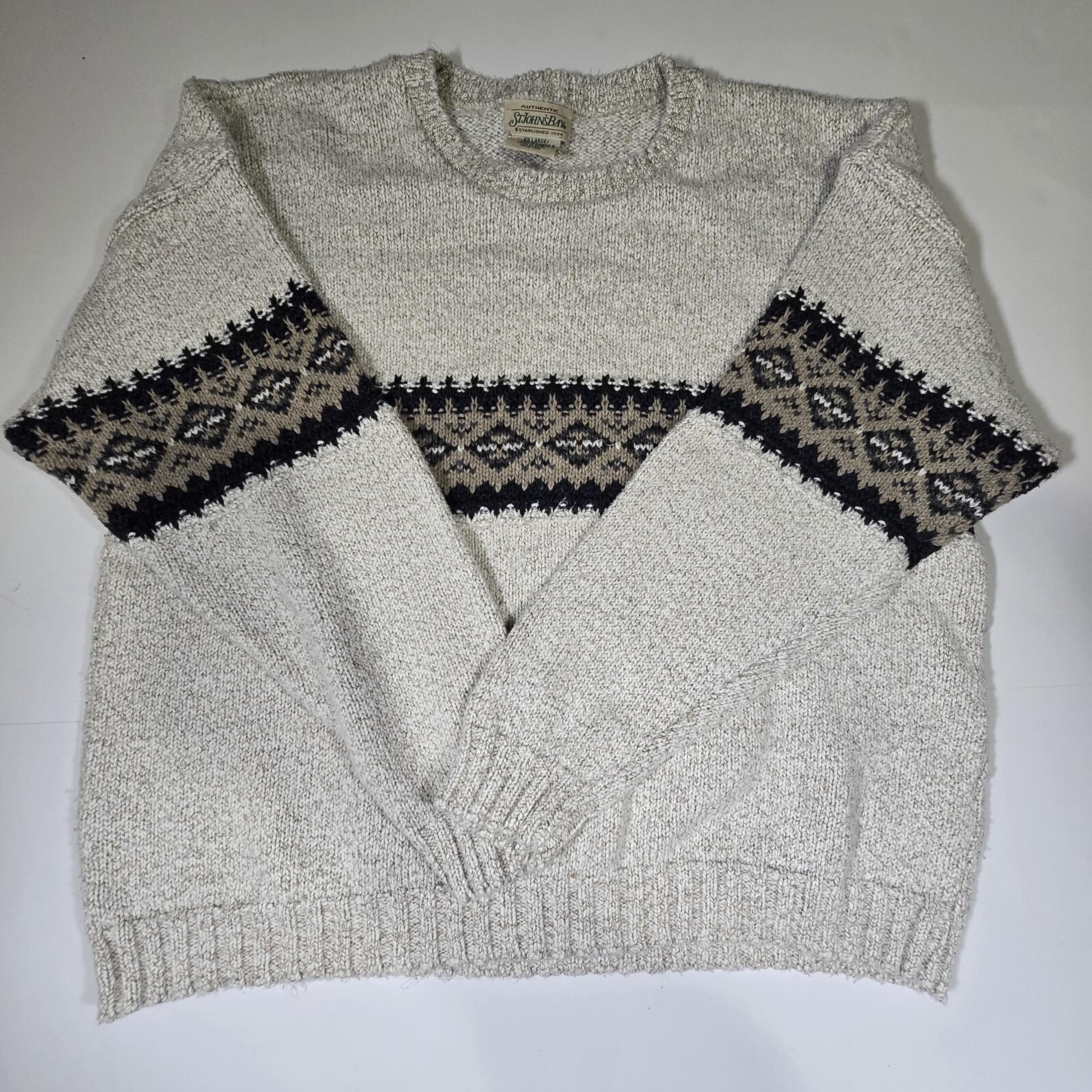 Vtg St John's Bay Sweater Mens 2XL Gray Cotton Knit Fair Isle Nordic Pullover