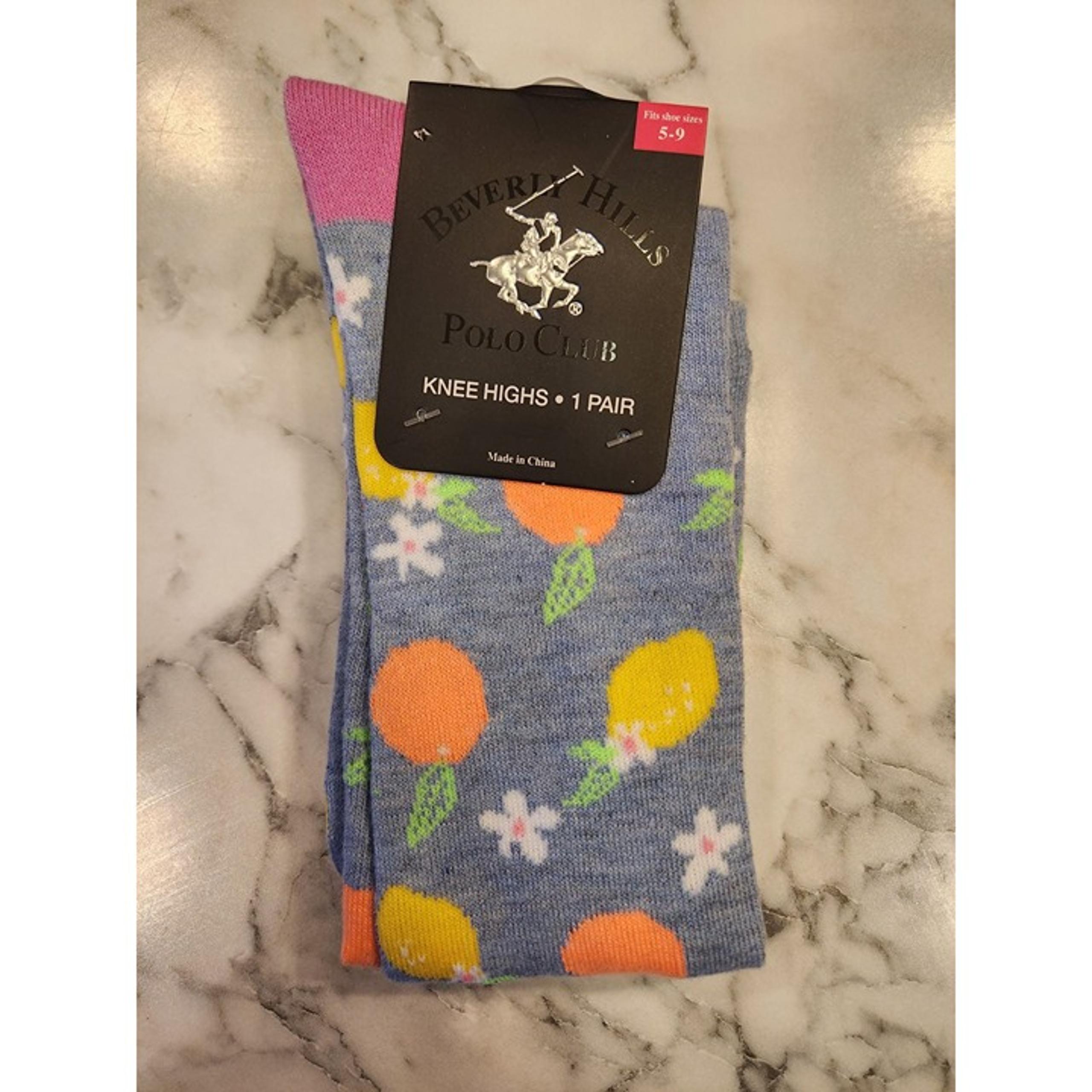 Beverly Hills Polo Club Womens Knee High Socks Citrus Print Pink & Blue Size 5-9