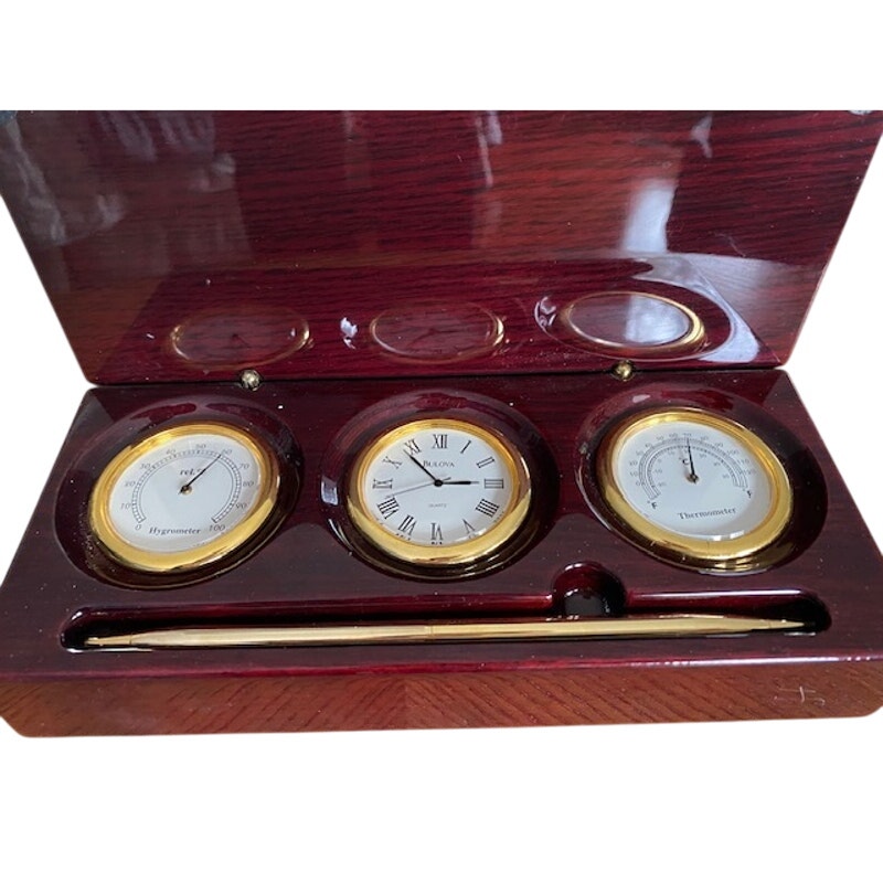 BULOVA B7291 Pen Case Clock Thermometer Hygrometer
