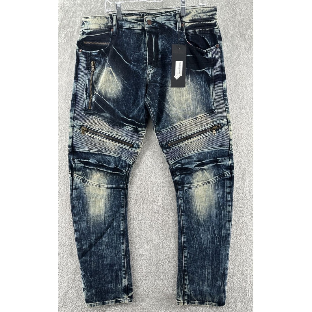 Rockstar Jeans Mens 40x33 Blue Denim Distressed Button Fly Acid Wash Moto
