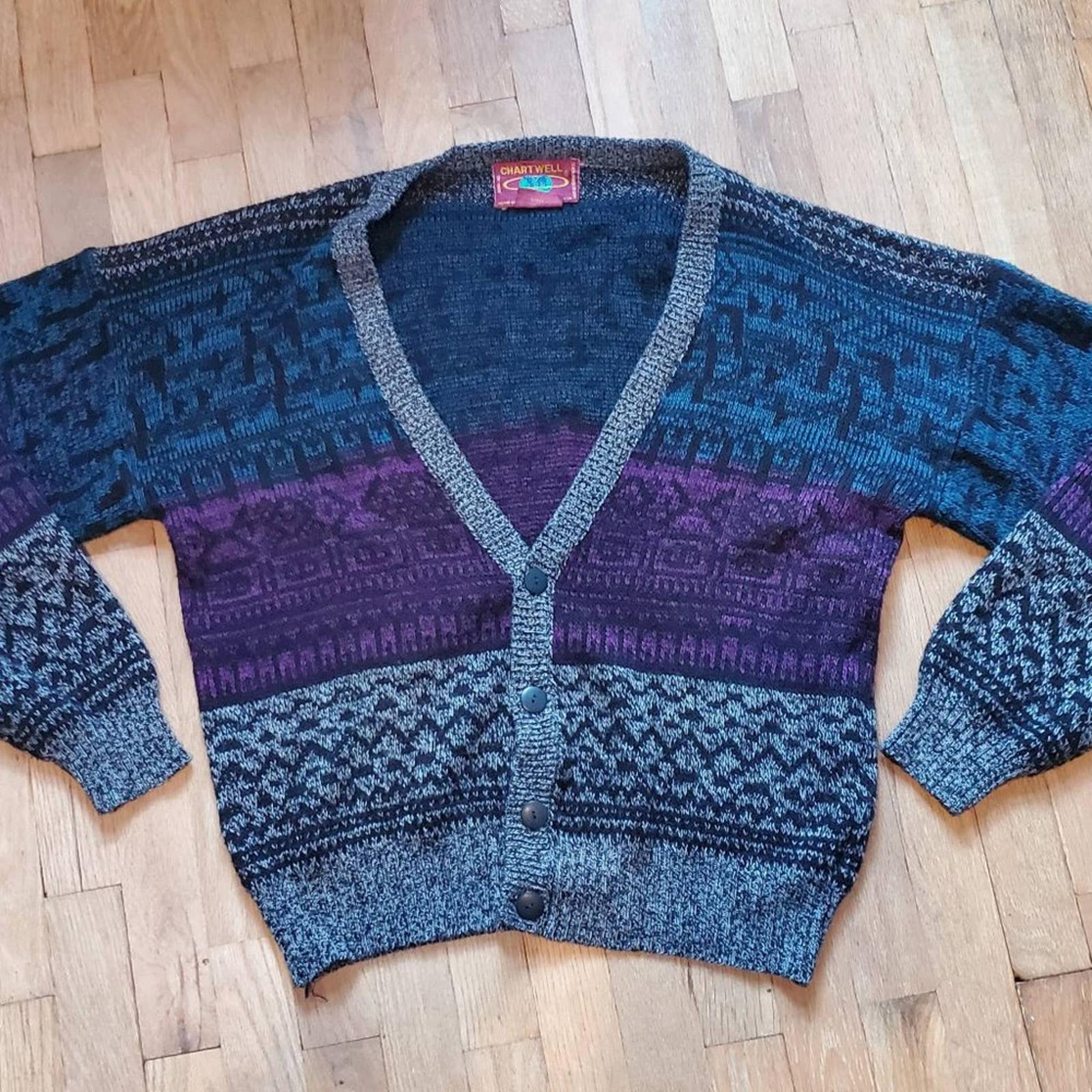 Vintage 80s 90s Stripe Colorblock Cardigan Sweater Gray Blue