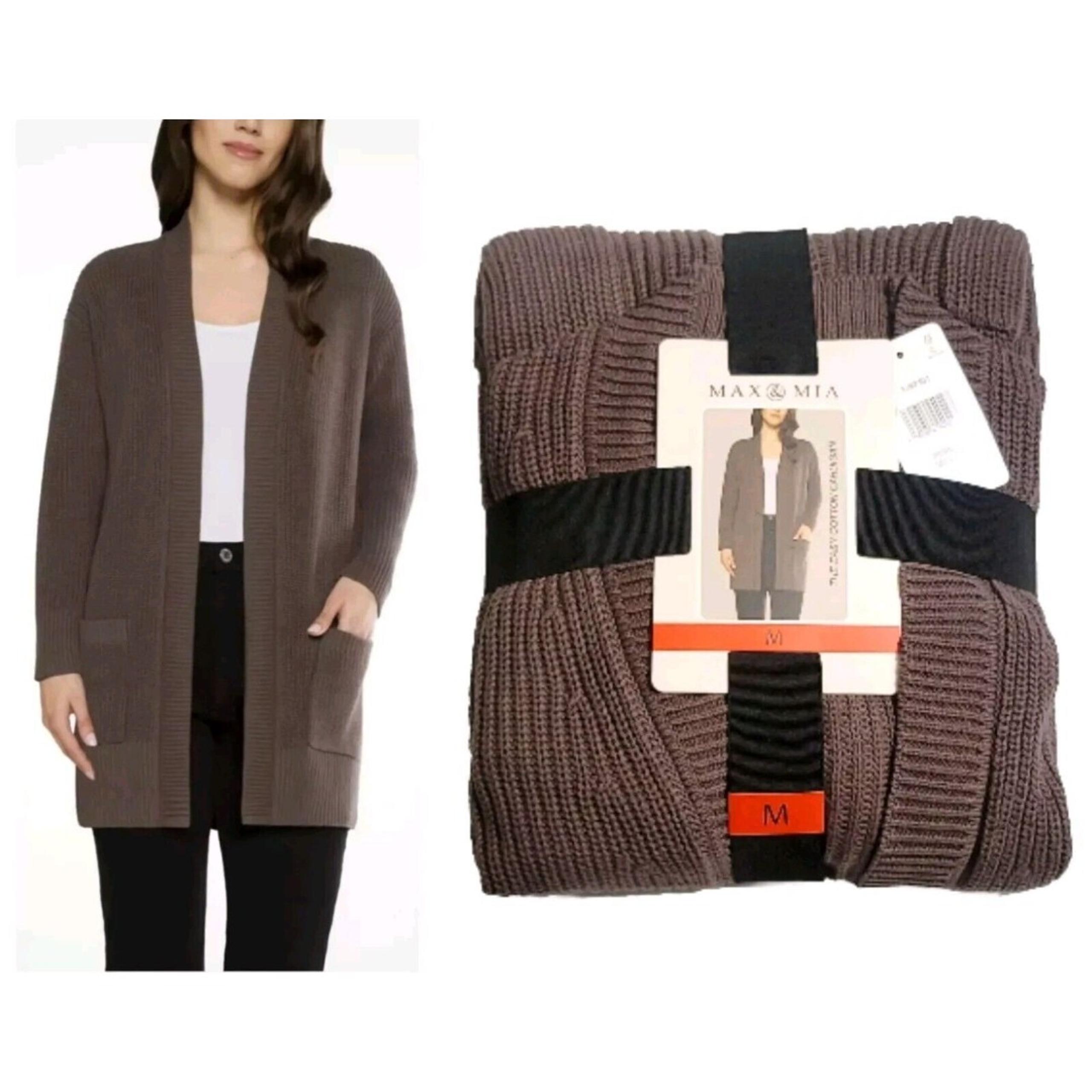 Max & Mia Women's Sz M Ribbed Knit Open Front Pocket Cardigan 100% Cotton Pebble