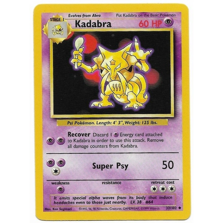 1999 WOTC Pokemon Game Base Set 32/102 Kadabra Non-Holo MINT Basic Stage 1