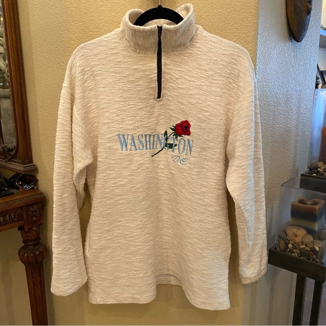 Vintage WASHINGTON D.C. Embroidery Red Rose 1/4 Zip Sweater Size Large