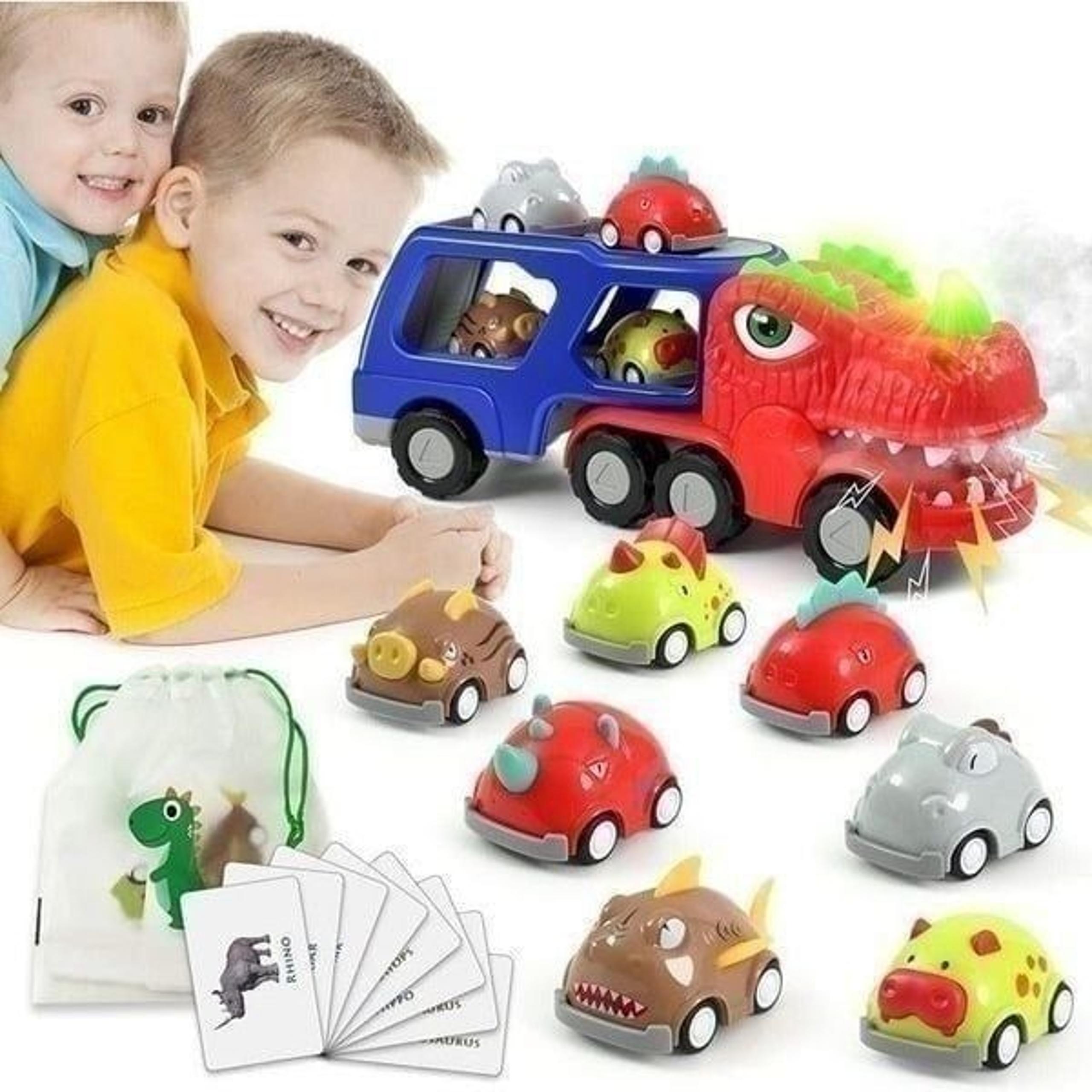Dinosaur Truck Toy for Kids with 7 Pull Back Dino Car & Light Music