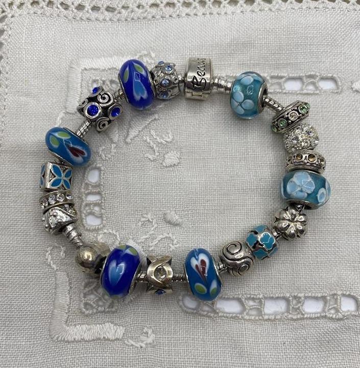 Pandora Bracelet 23 Charms/Spacers Sterling Silver Blue Murano Glass Rhinestones