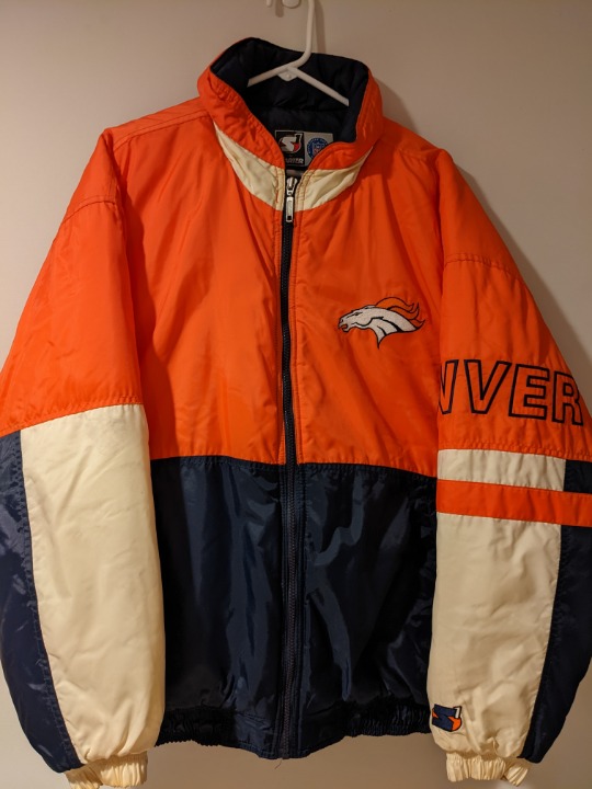 Vintage 90s Denver Broncos NFL Starter Orange White Blue Size Large Puff Jacket