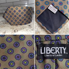 LIBERTY of London 100% Silk Mens Foulard Tie Tan Blue Red Gold EUC