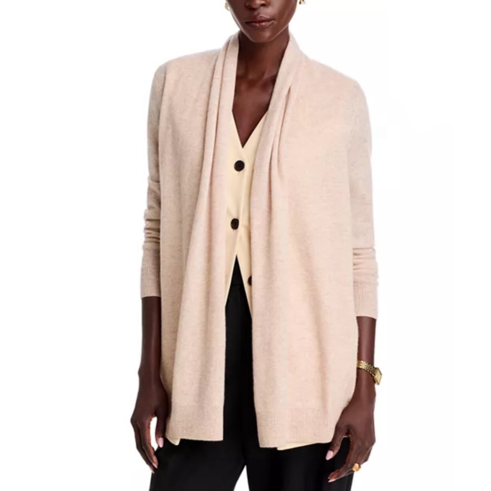 NEW FLAWED C BY BLOOMINGDALES Cardigan M Cashmere Open Front Beige Long Sleeve