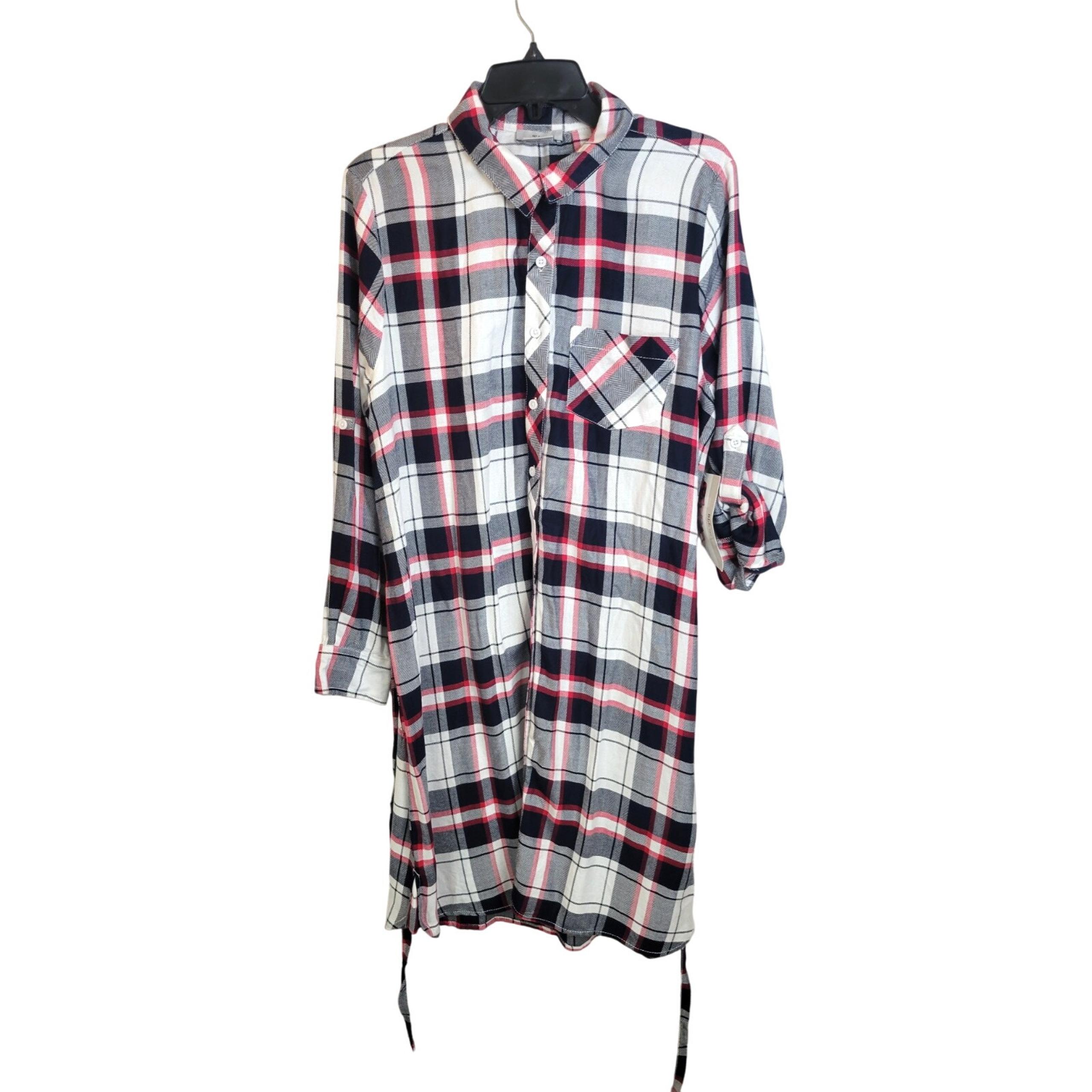 NWT BLL NYC Shirt Dress button down Size Large Red Black Plaid Pocket Roll Tab