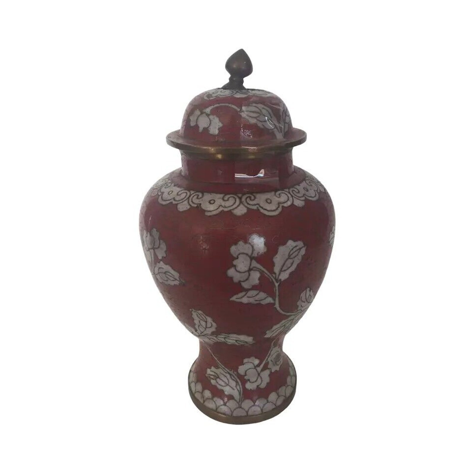Antique Chinese Hand Painted White Flowers On Red Cloisonne Brass Jar w/ Lid