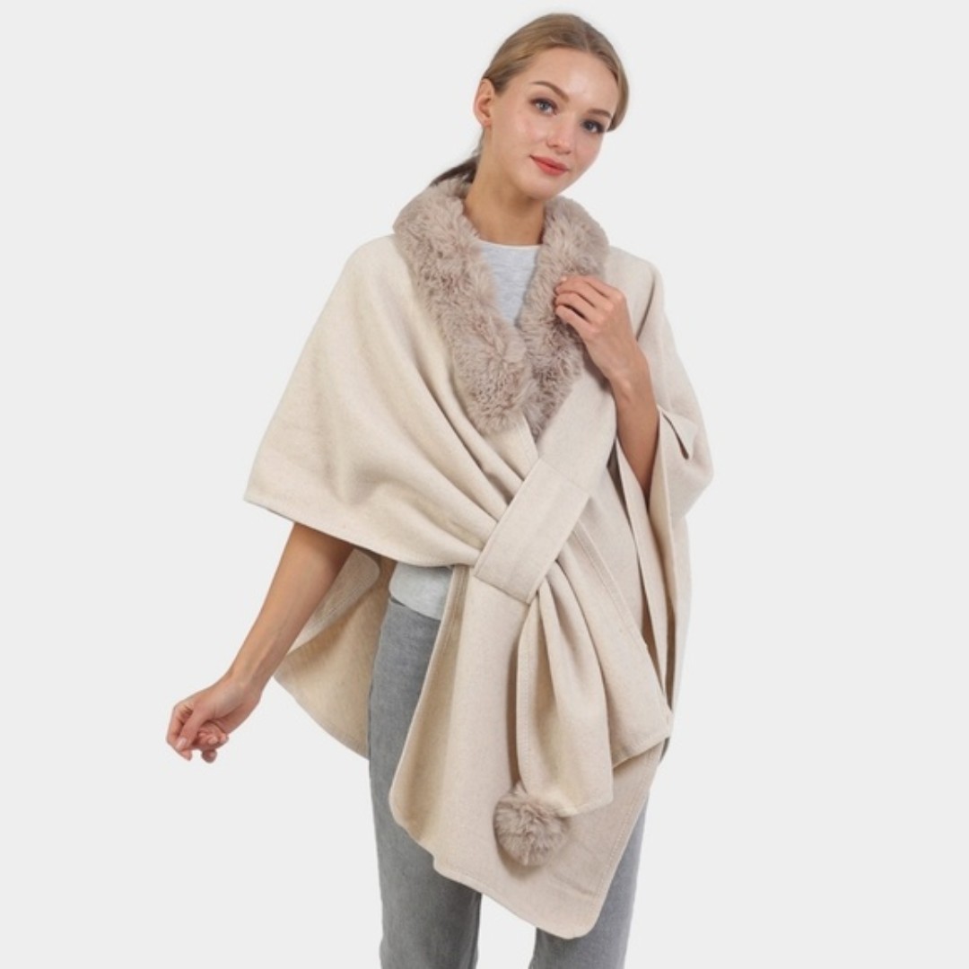 Ivory Fur Pom Pom Collar Shawl Cross Poncho Sweater Cape Womens Wrap Scarf