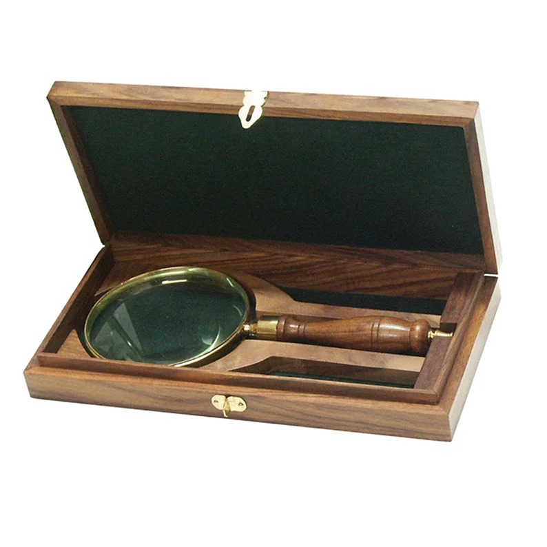 9-1/4 Brass & Wood Antique Magnifier Glass with Storage Case, Antique Reproduct