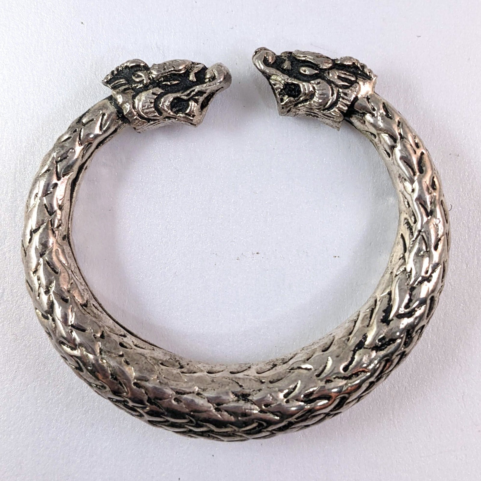 Double Dragon Head Bangle Necklace Silver Tone Vintage Tribal Statement