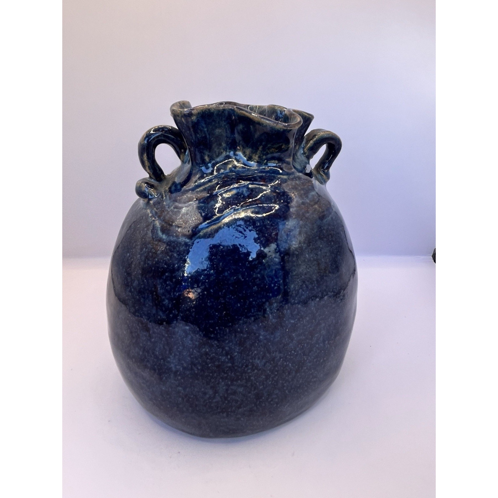 Hand Thrown Studio Art Pottery Stoneware Vase Blue Glossy Glaze Signed 6.5”