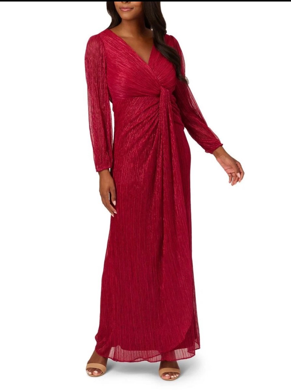 Adrianna Papell Womens Red Metallic Draped Evening Dress Size 10