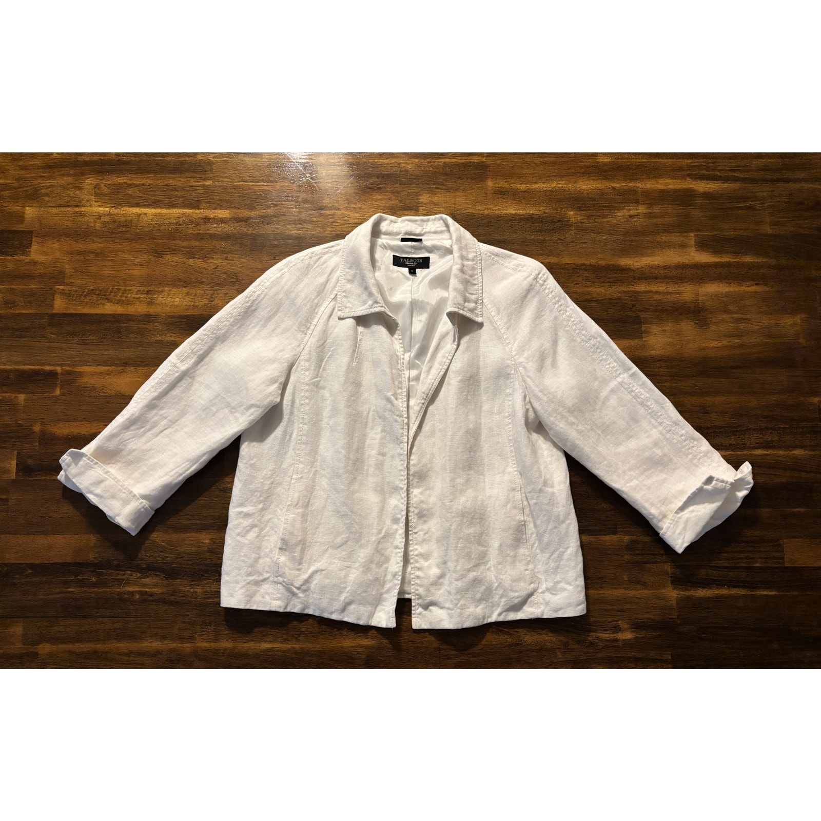 Talbots Women’s Medium Petite Blazer Irish Linen 3/4 Sleeves White Collared Open
