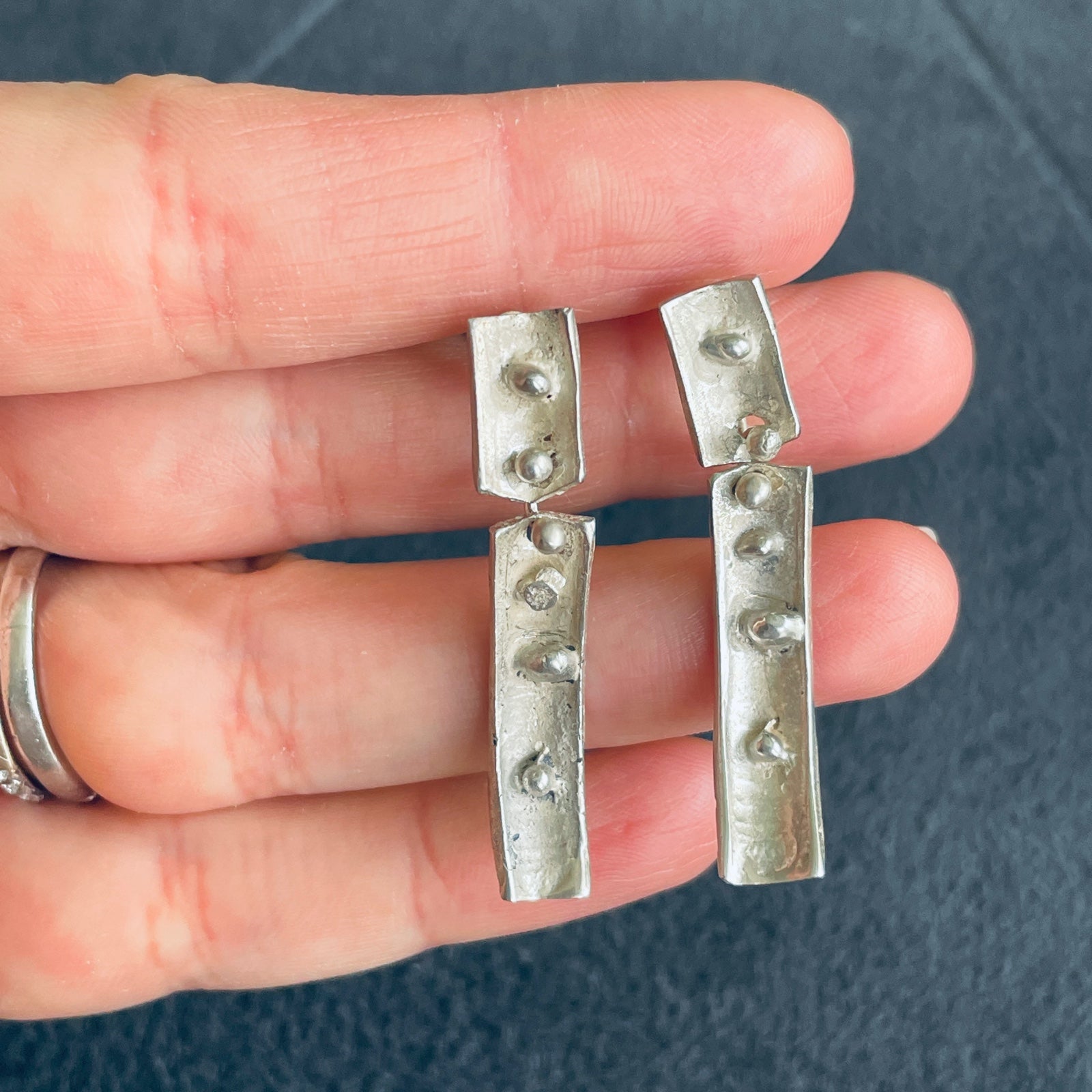 Vintage Art Deco Sterling Silver Modernist Dot Hinged Dangle Screw Back Earrings