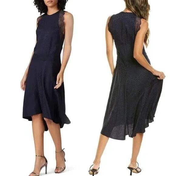 Zadig & Voltaire Roberto Jac Leo Lace Trim Navy Silk Dress High Low Hem Size S