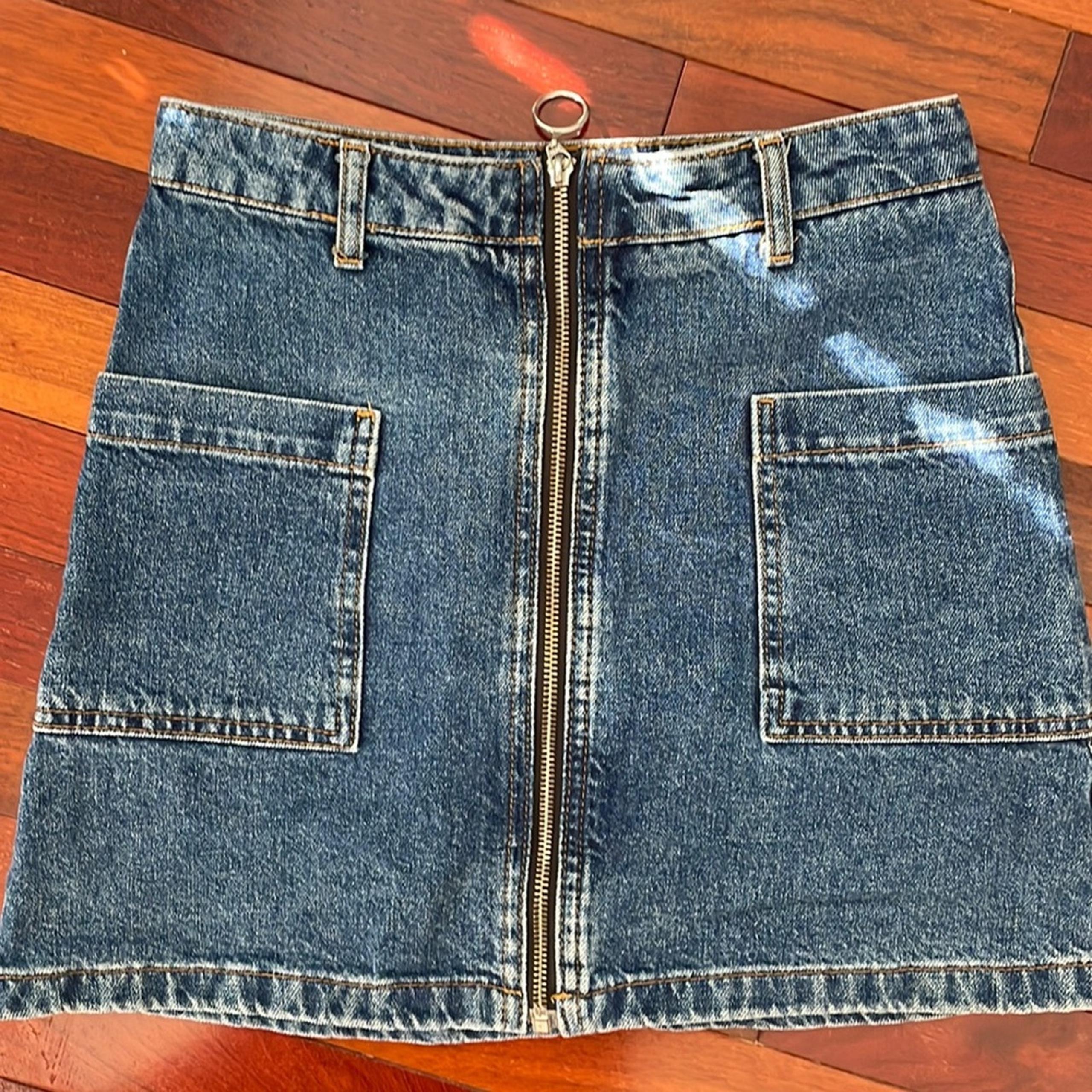 Topshop Moto Denim Jean Mini Skirt Full Zipper Size 4 Y2K Pockets