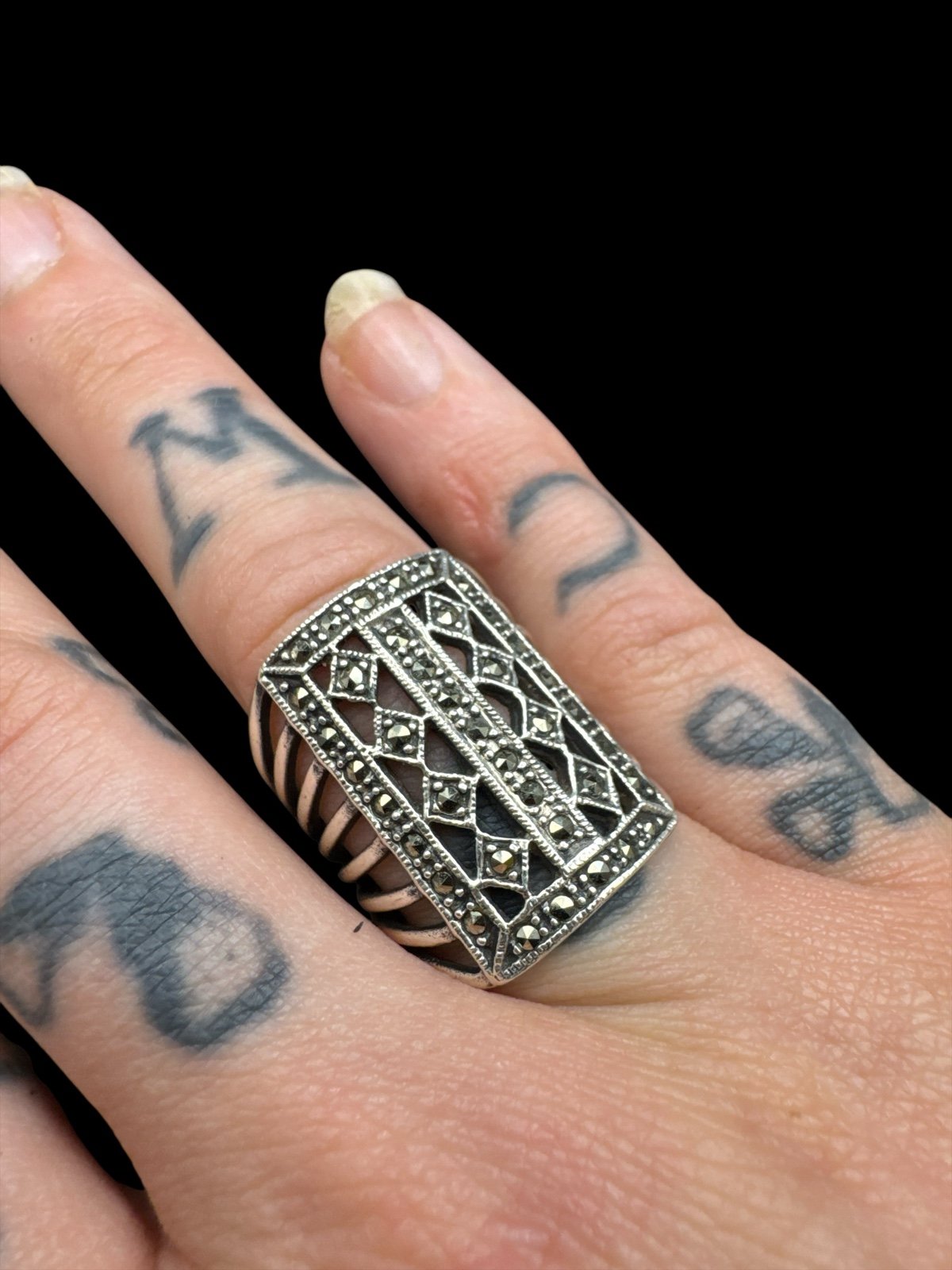 Vintage Sterling Silver Marcasite Shield Ring Cigar Band size 8