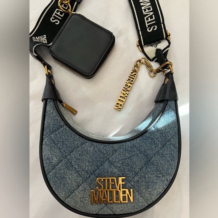 NWOT STEVE MADDEN DENIM QUILTED HALF MOON CROSSBODY BAG