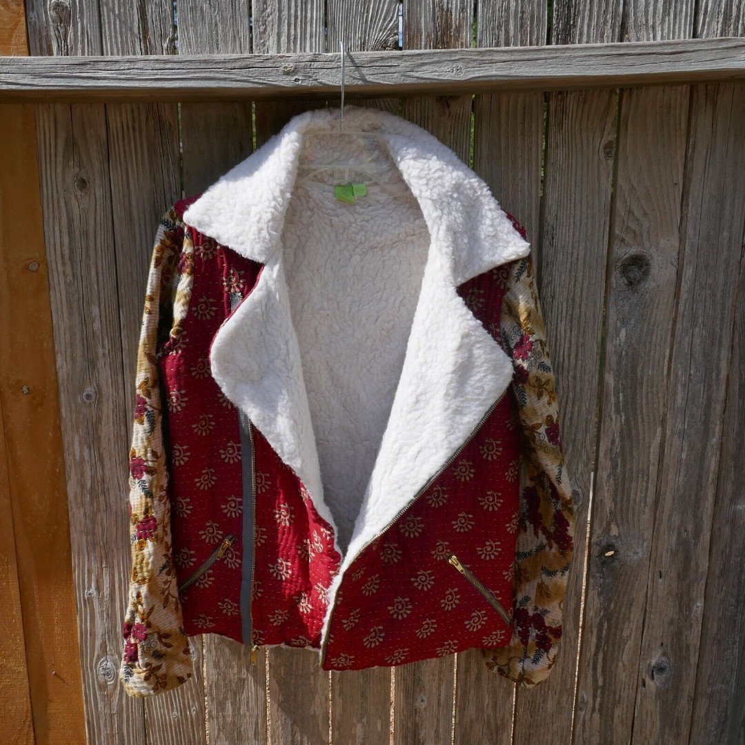 Urban Renewal Sherpa Lined Moto Jacket Floral Fabric Small Zipper Pockets