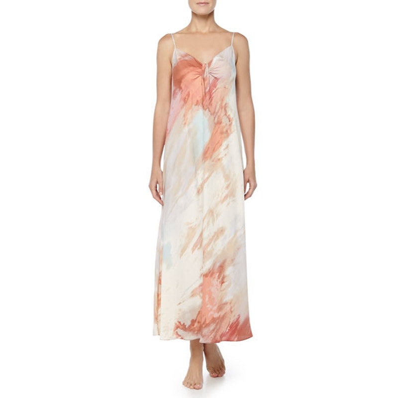 Donna Karan Watercolor-Print Tissue Crepe Long Gown in Aurora, Size L
