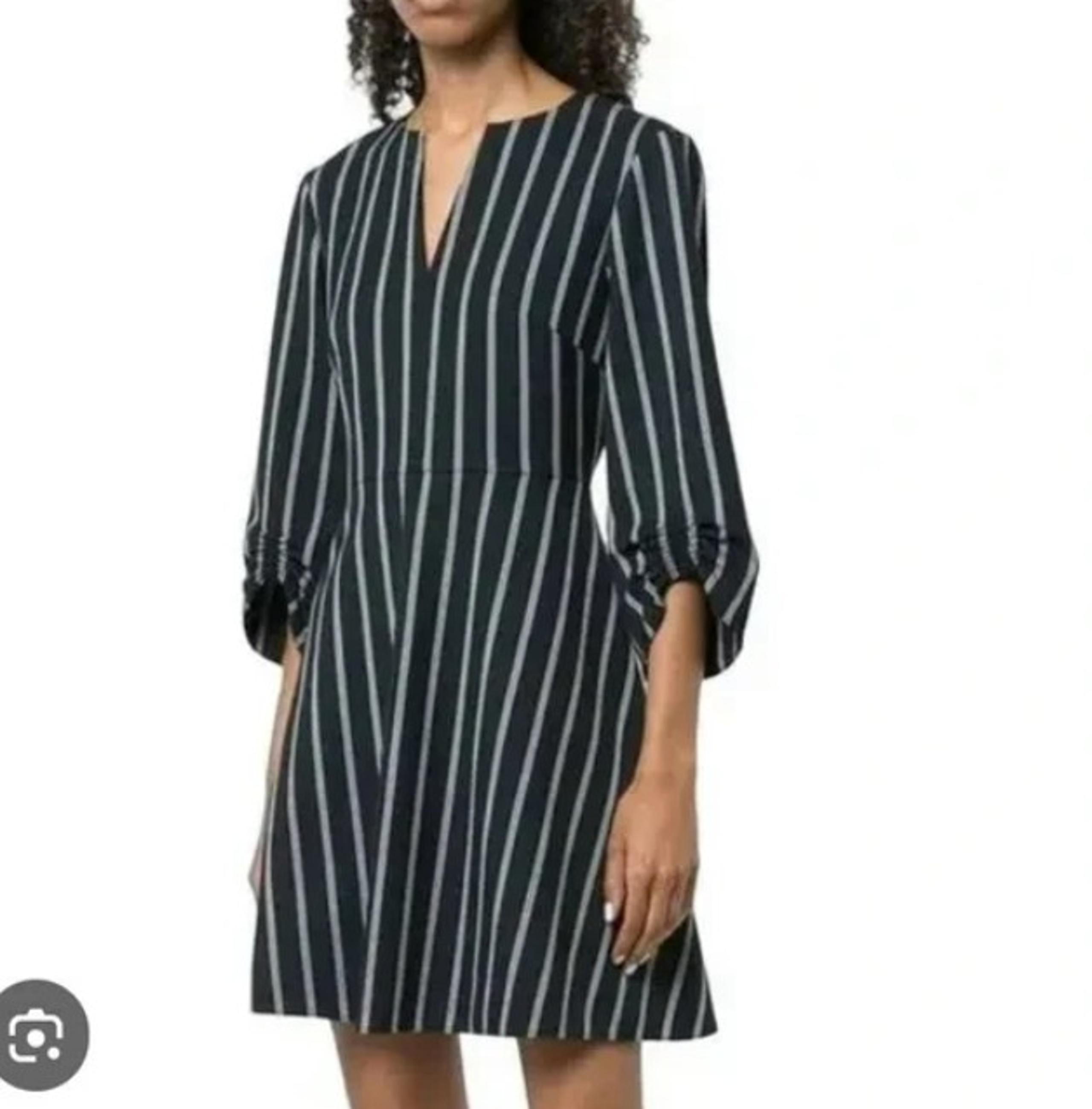 Tibi Ruched 3/4 Sleeve Striped Felix Dress Black White Women's size 8 Medium NWT