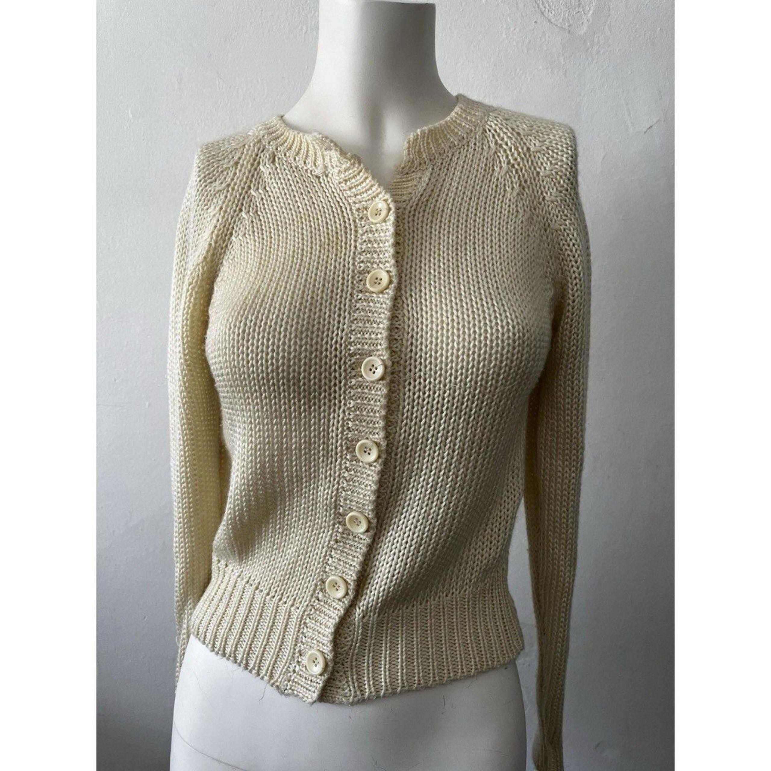 Vintage 80s Acrylic Crochet White Cropped fitted Button Long Sleeve Sweater S