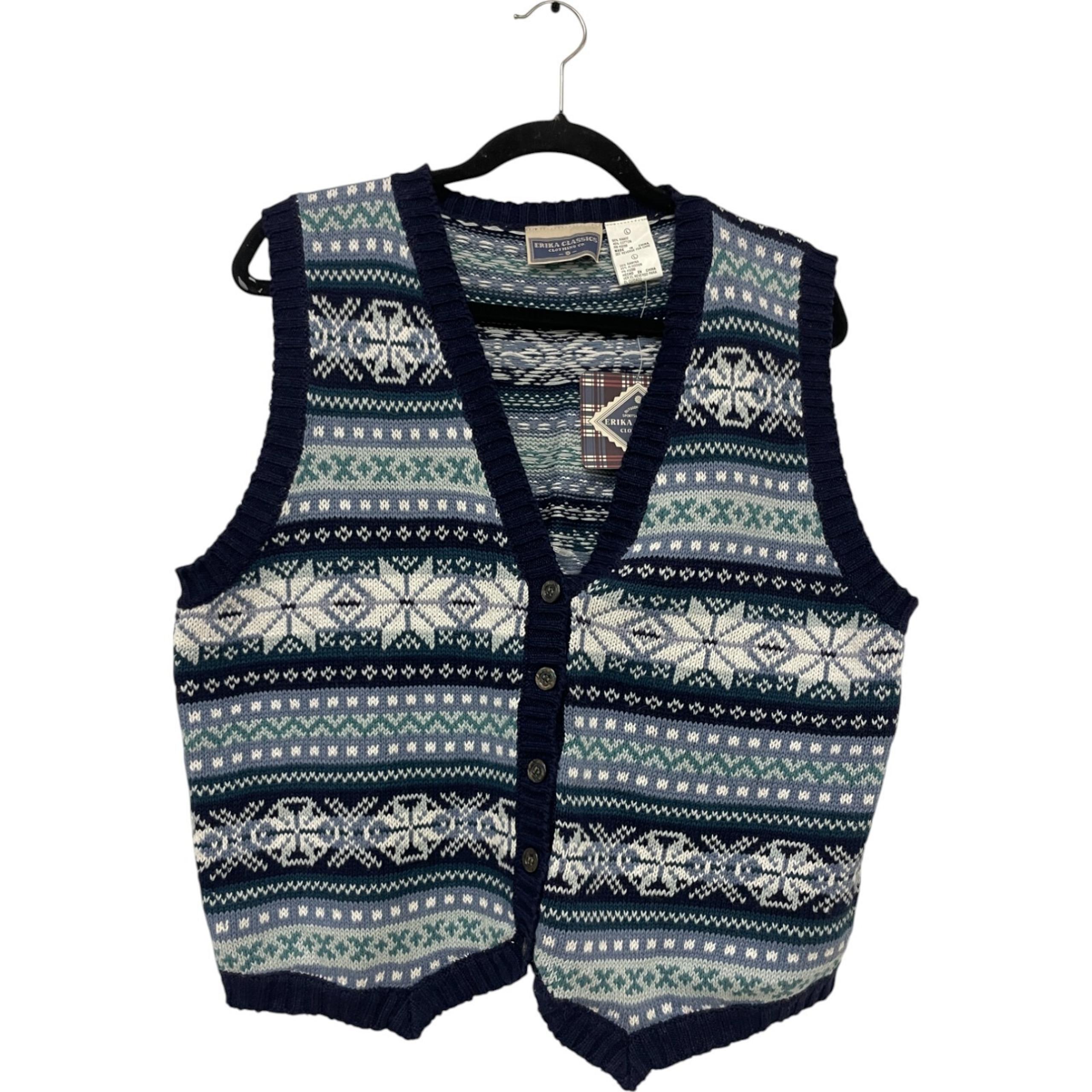 Erika Classics Clothing Navy Fair Isle Button Knit Sweater Vest Women Size L NWT