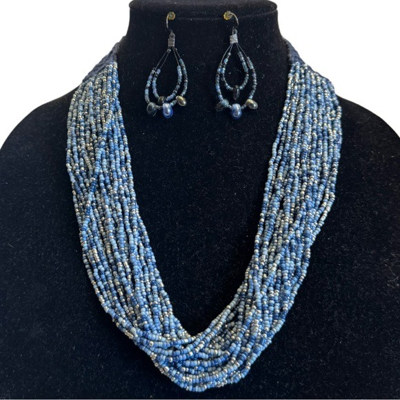 Blue Seed Bead Necklace Earrings Set Crochet Button Closure Glass Multi Strand