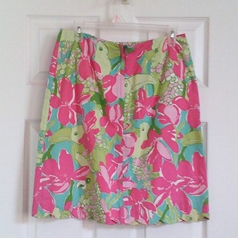 Lilly Pulitzer Toucan Skirt 8 Parrot Bird Pocket Scallop Hem Lined Pink Green